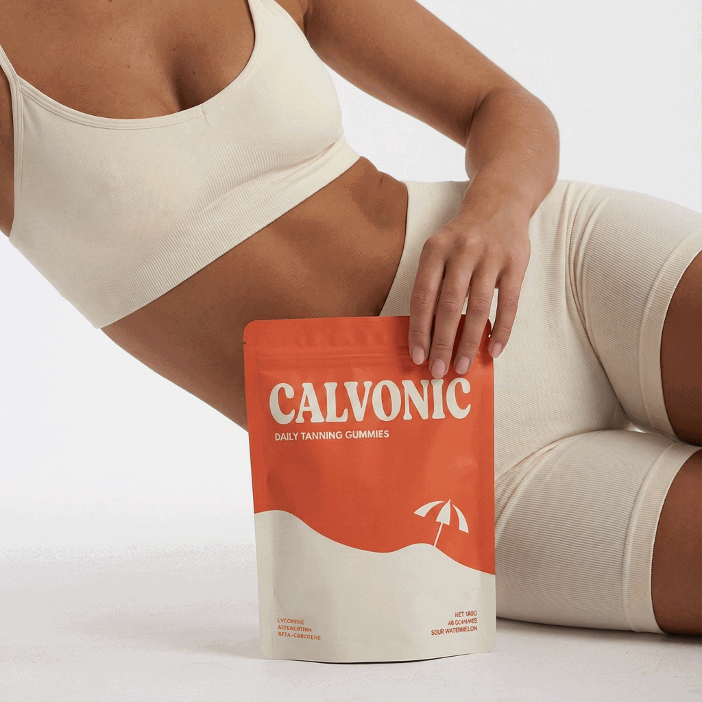 Woman with a golden tan holding a Calvonic pouch